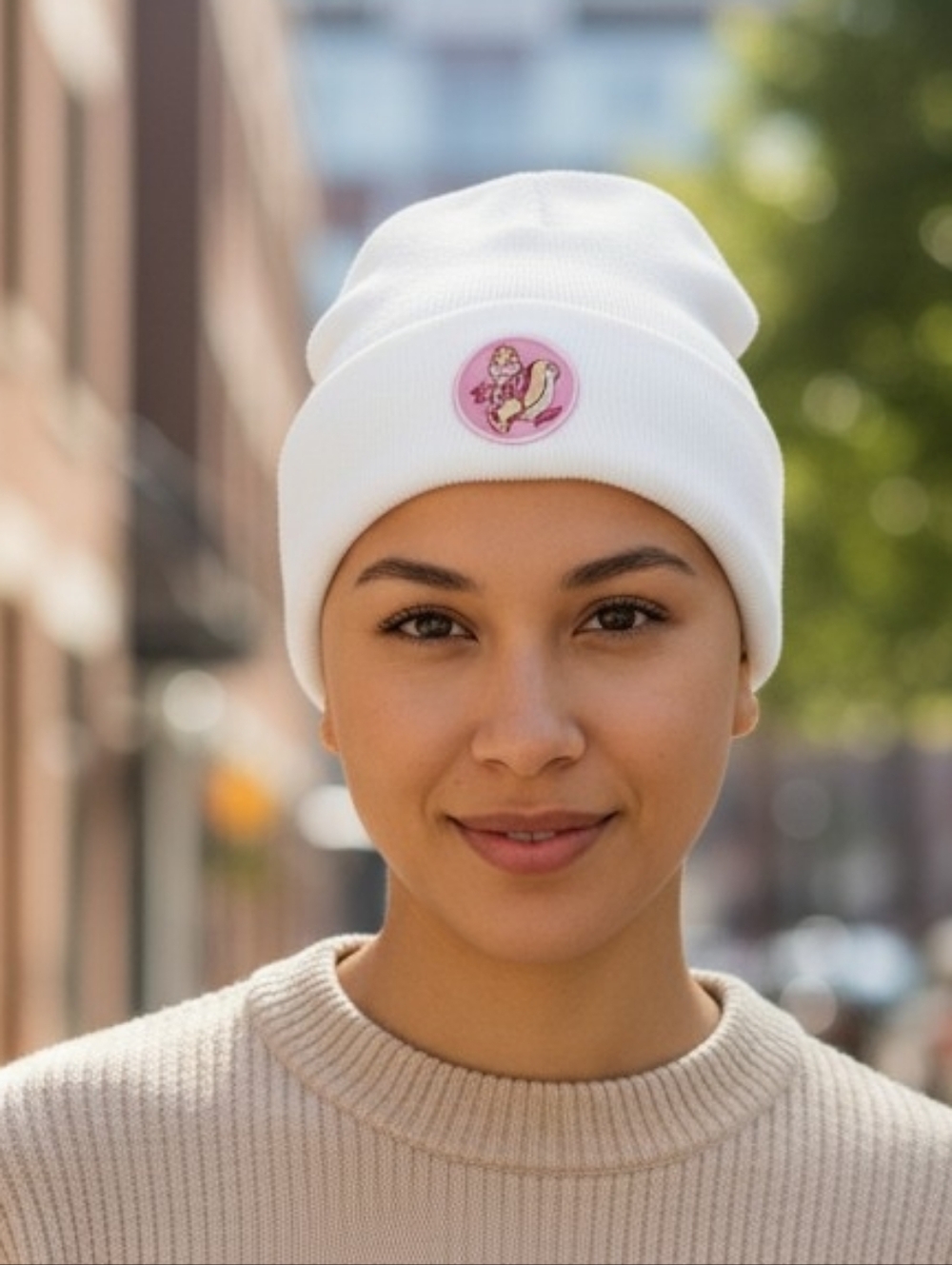 NWOT Unisex White Beanie Hat with Pink Bunny Patch